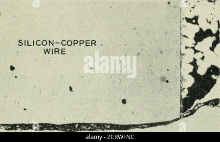 . The Bell System technical journal . SILICON-COPPERWIRE »*»-ili^*!8SaC. CUPRO-NICKELCONTACT . Fig. 19— Section of a percussion weld. Original amplification 100 X. STRENGTH ♦ --PROPORTIONAL—*! TO ARC DURATION SUITABLEMIN ARCDURATION r* • 1 1  : « •1 • &lt; • • • &lt;&lt; 1 / &lt; 1 • / f / /( 1050V-7^ POUNDS-0.150COMBS 21-30, (12-1-52) /■ 1 20 40 60 80 100 120 140 160 180 200 220 240 ARC DURATION IN MICROSECONDS Pig. 20— Weld strength versus arc duration. 920 THE BELL SYSTEM TECHNICAL JOURNAL, JULY 1954 1800 volts) just before the parts touch. The arc initiates itself whenthe gap has been red Stock Photo