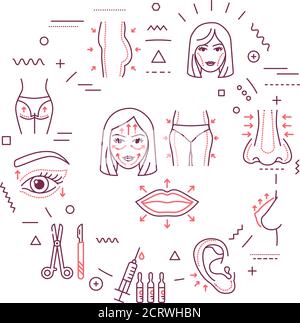 Plastic syrgery web banner. Correction female figure. Infographics with linear icons on white background. Creative idea concept. Isolated outline Stock Vector