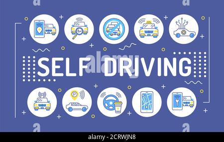 Self driving word lettering typography. Driverless auto. Infographics with linear icons on blue background. Creative idea concept. Isolated outline Stock Vector