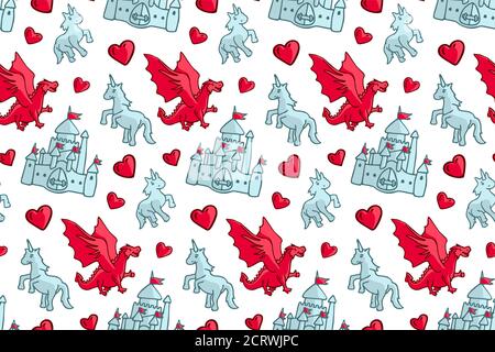Beautiful seamless pattern with castle and fantasy creatures on white background Stock Vector