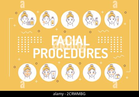 Facial procedures word lettering typography. Female skin care. Cleansing, toning, moisturizing. Infographics with linear icons on beige background Stock Vector