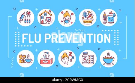 Flu prevention word lettering typography. Prevention of the disease and spread of the influenza virus. Infographics with linear icons on blue Stock Vector