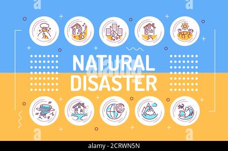 Natural disasters word lettering typography. A major adverse event resulting from natural processes of the Earth. Infographics with linear icons on Stock Vector