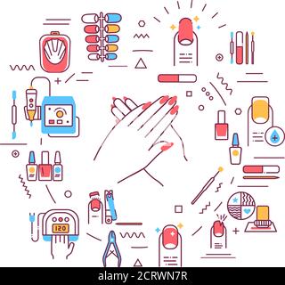 Nail service web banner. Manicure procedures. Infographics with linear icons on white background. Creative idea concept. Isolated outline color Stock Vector