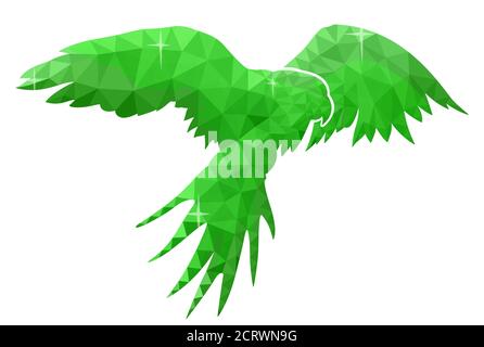 Beautiful green low poly illustration with flying parrot on white background Stock Vector