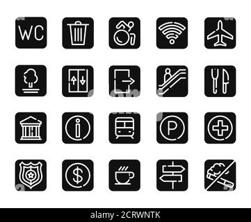 Public navigation black glyph icons set .Pictograms for web page, mobile app, promo. UI UX GUI design elements. Editable stroke Stock Vector