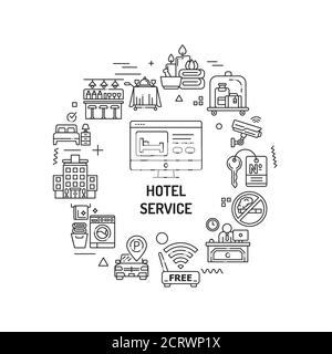 Hotel service web banner. Amenities for for guests. Hotel resort. Reservation apartament. Infographics with linear icons on white background. Creative Stock Vector