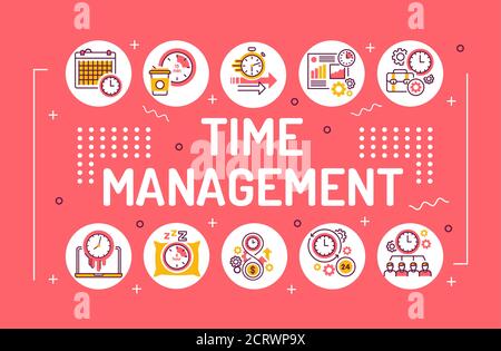 Time management word lettering typography. Planning and control of working and personal time. Infographics with linear icons on pink background Stock Vector