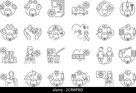 Pediatrics black line icons set. Medical health care sign. Childcare concept. Pictogram for web page, mobile app, promo. UI UX GUI design element Stock Vector