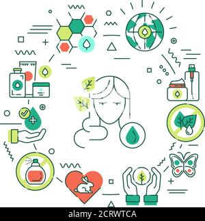 Organic cosmetic web banner. Beauty industry. Infographics with linear icons on green background. Creative idea concept. Isolated outline color Stock Vector
