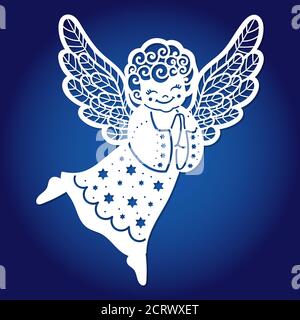 Template for laser cutting. Sweet little angel. For cutting from any material. For the design of greeting cards, envelopes, menus, Christmas tree deco Stock Vector