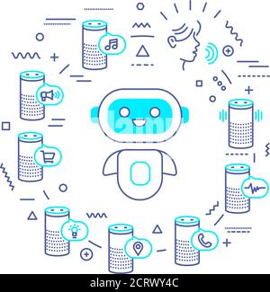 Smart speaker web banner. Personal voice assistant, talk recognition. Infographics with linear icons on white background. Creative idea concept Stock Vector