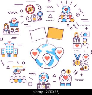 Volunteering web banner. Non profit community. Humanitarian aid. Infographics with linear icons on blue background. Creative idea concept. Isolated Stock Vector