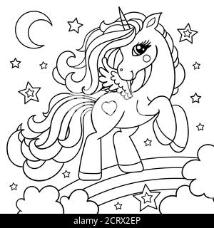 Cute cartoon unicorn on a rainbow. Fantastic animal. Black and white, linear, image. For the design of coloring books, prints, posters, stickers, tatt Stock Vector
