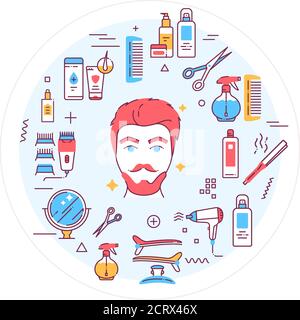 Hairdresser service web banner. Professional hair styling. Infographics with linear icons on blue background. Creative idea concept. Isolated outline Stock Vector