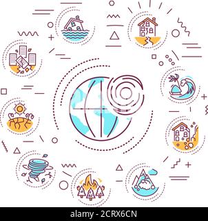 Natural disasters web banner. A major adverse event resulting from natural processes of the Earth. Infographics with linear icons on white background Stock Vector
