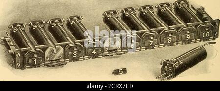 . American telephone practice . utter and thus hold it in its raised position. Ascrew, /, passing through the front plate, / serves not only to hold 188 AMERICAN TELEPHONE PRACTICE. the magnet in place, but to hold the core in its place within the shell.The terminals of the coil are led out through two small holes in thearmature, and are connected with the terminals, h i, mounted on aninsulating strip, carried on the bracket, f. These drops should be so nicely made that the armature, d, willfit closely against the end of the tube, c, in such manner as to almostcompletely close the magnetic ci Stock Photo