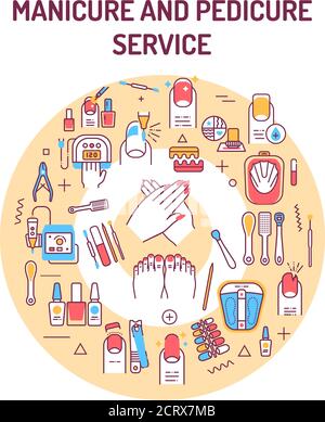 Nail service web banner. Manicure and pedicure procedures. Infographics with linear icons on red background. Creative idea concept. Isolated outline Stock Vector
