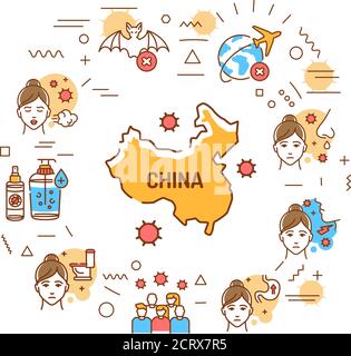Wuhan Novel coronavirus 2019-nCoV web banner. Symptoms dangerous chinese virus. Infographics with linear icons on white background. Creative idea Stock Vector