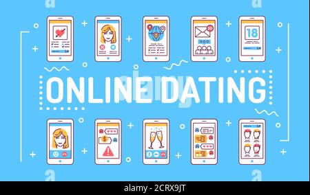 Online dating word lettering typography. Virtual love search service. Infographics with linear icons on blue background. Creative idea concept Stock Vector