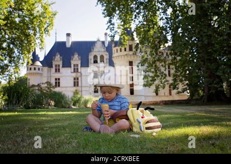 Cute child, toddler boy, eating ice cream in a park on a summer sunny day Stock Photo