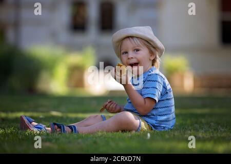 Cute child, toddler boy, eating ice cream in a park on a summer sunny day Stock Photo