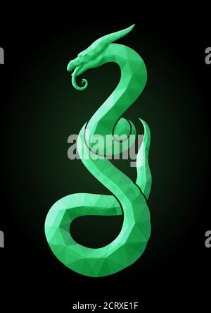 Beautiful low poly illustration with shiny green snake on black background Stock Vector