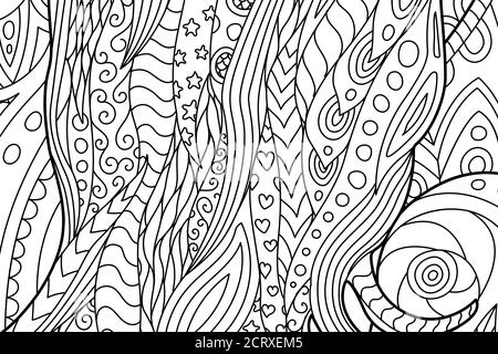 Beautiful waving abstract coloring book page with hearts and stars Stock Vector