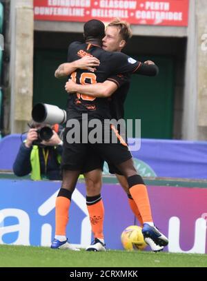 Easter Road Stadium Edinburgh. Scotland UK.20th Sep 20. Scottish Premiership Match Hibernian vs Rangers. Rangers Scott Arfield celebrates scoring Rangers 2nd goal Credit: eric mccowat/Alamy Live News Stock Photo