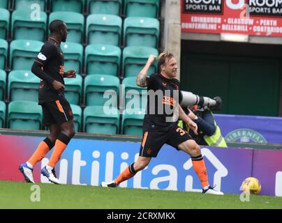 Easter Road Stadium Edinburgh. Scotland UK.20th Sep 20. Scottish Premiership Match Hibernian vs Rangers. Rangers Scott Arfield celebrates scoring Rangers 2nd goal Credit: eric mccowat/Alamy Live News Stock Photo