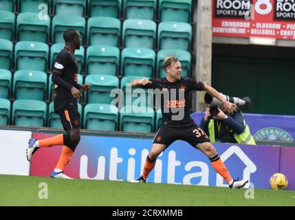 Easter Road Stadium Edinburgh. Scotland UK.20th Sep 20. Scottish Premiership Match Hibernian vs Rangers. Rangers Scott Arfield celebrates scoring Rangers 2nd goal Credit: eric mccowat/Alamy Live News Stock Photo