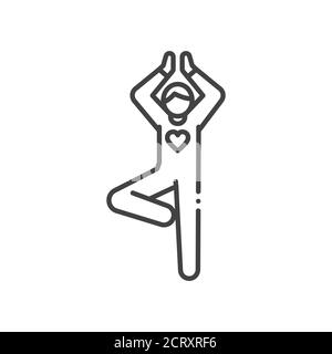 Faceless person stands in tree pose vrikshasana black line icon. Yoga pose. Asana. Home leisure. Vector isolated illustration. Editable stroke Stock Vector