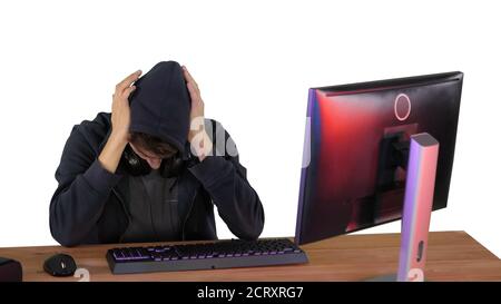 Stressed tired out of work, Development Programmer on white back Stock Photo
