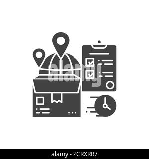 Worldwide delivery black glyph icon. Boxand checklist sign. Express shipping. Sign for web page, app. UI UX GUI design element Stock Vector