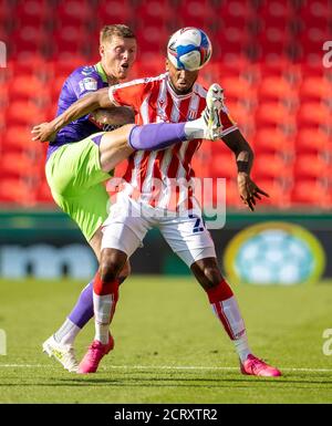 Stoke, Staffordshire, UK. 20th Sep, 2020. 20th September 2020; Bet365 Stadium, Stoke, Staffordshire, England; EFL Championship Football, Stoke City versus Bristol City; Tyrese Campbell of Stoke City is tackled with a high boot Credit: Action Plus Sports Images/Alamy Live News Stock Photo