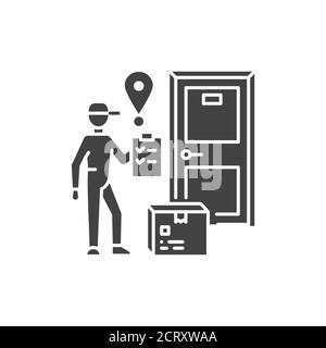 Courier delivery under the door black glyph icon. Stay home. Sign for web page, app. UI UX GUI design element Stock Vector