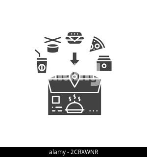 Food delivery black glyph icon. Open box with fast food. Sign for web page, app. UI UX GUI design element Stock Vector