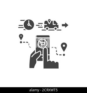 Online delivery service black glyph icon. Express shipping. Order tracking. Sign for web page, app. UI UX GUI design element Stock Vector