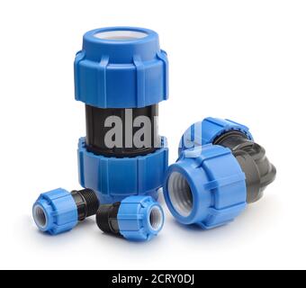 Set of plastic fittings isolated on white. Stock Photo