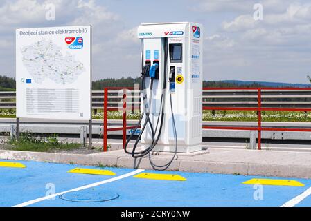 07.2020, Czech Republic.New technologies in everyday life, environmentally friendly and ecologically pure ways of using energy.Charging station for el Stock Photo