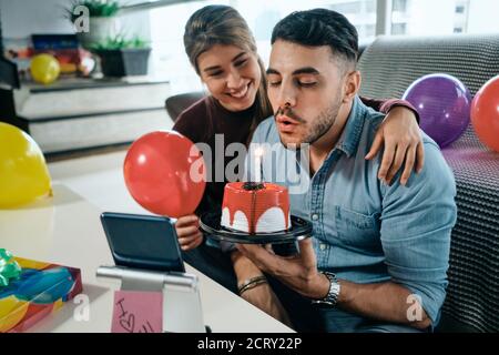 Happy People Celebrating Birthday Party Via Zoom On Smartphone Stock Photo