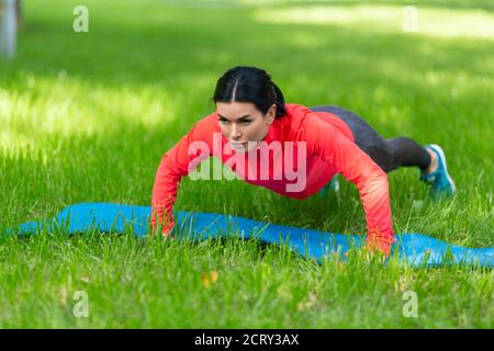 Fit woman doing a push up exercises in the park. Stock Photo