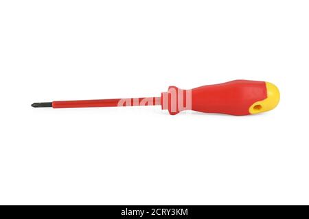 Red plastic dielectric screwdriver for electrical work with insulated tip Stock Photo