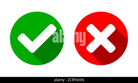 Yes and No or Right and Wrong or Approved and Declined Icons with Check Mark and X Signs with Shadow in Green and Red Circles. Vector Image. Stock Vector