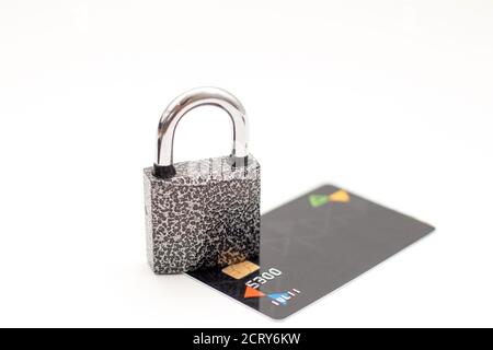 Credit card with padlock. Safe data and protected paying concept