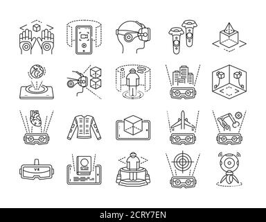 Virtual reality black line icons set. Innovative technology. Pictograms for web page, mobile app. UI UX GUI design element. Editable stroke Stock Vector