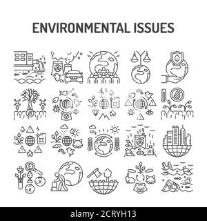 Environmental issues black line icons set. Signs for web page, app. UI UX GUI design element. Editable stroke. Stock Vector