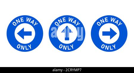 Set of One Way Only Round Floor Marking Adhesive Sticker Icon with Direction Arrow and Text. Vector Image. Stock Vector