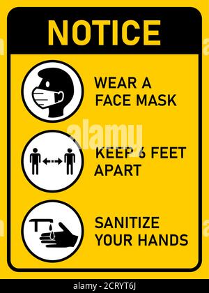 Vertical Instruction Sign against the Spread of Coronavirus, including Wear a Face Mask, Keep 6 Feet Apart and Sanitize Your Hands. Vector Image. Stock Vector