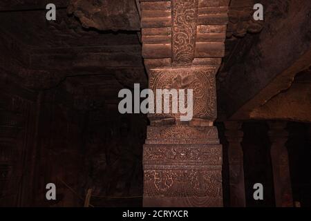 badami cave temple interior pillars stone art in details image is taken at badami karnataka india. it is unesco heritage site and place of amazing cha Stock Photo